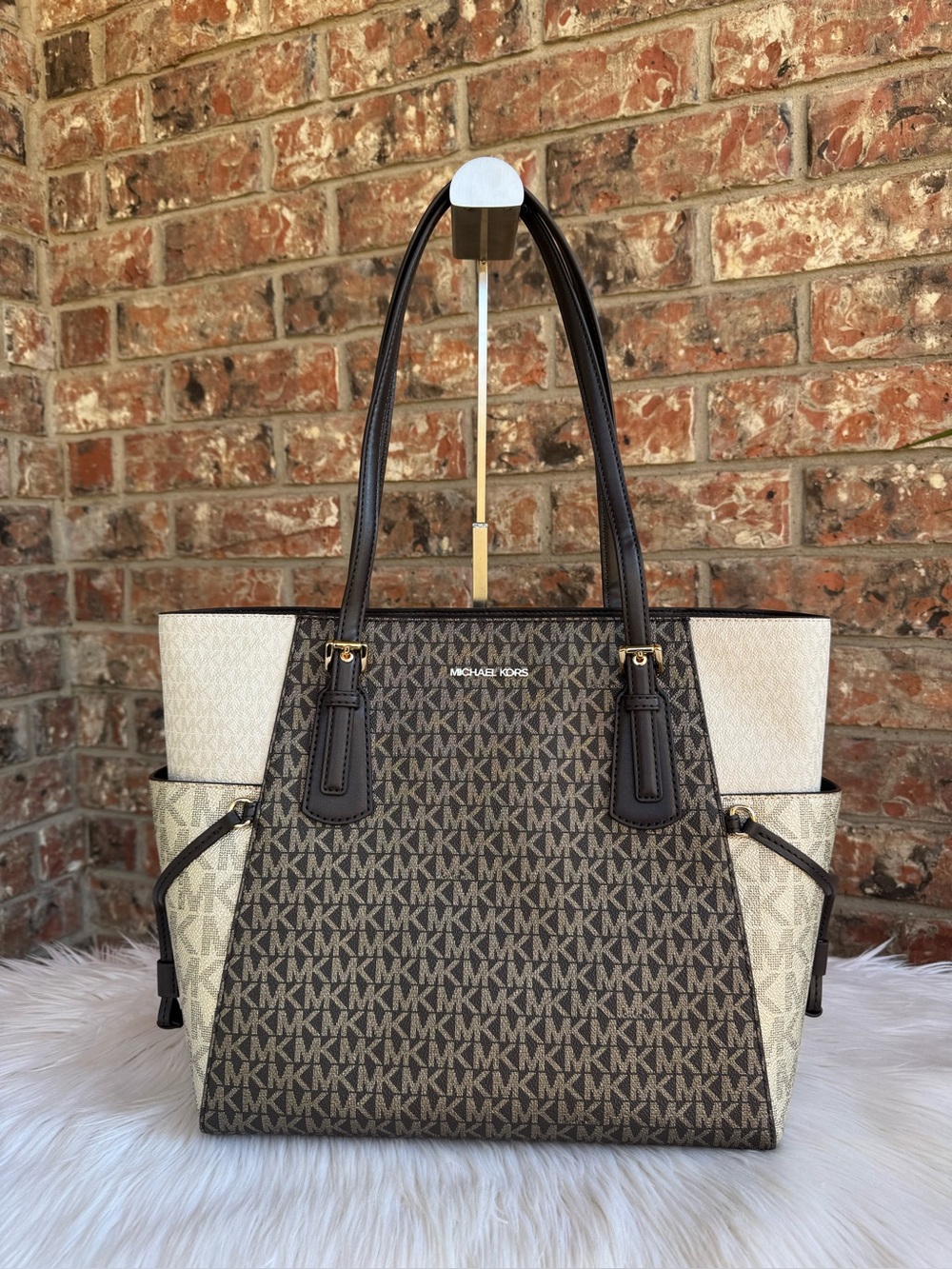 Michael Kors Women's Signature Logo Brown and Cream Tote Bag